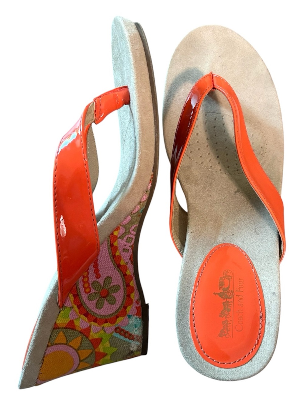 Coach and Four Orange Patent Leather Thong Wedge Sandals Paisley Retro Size 8